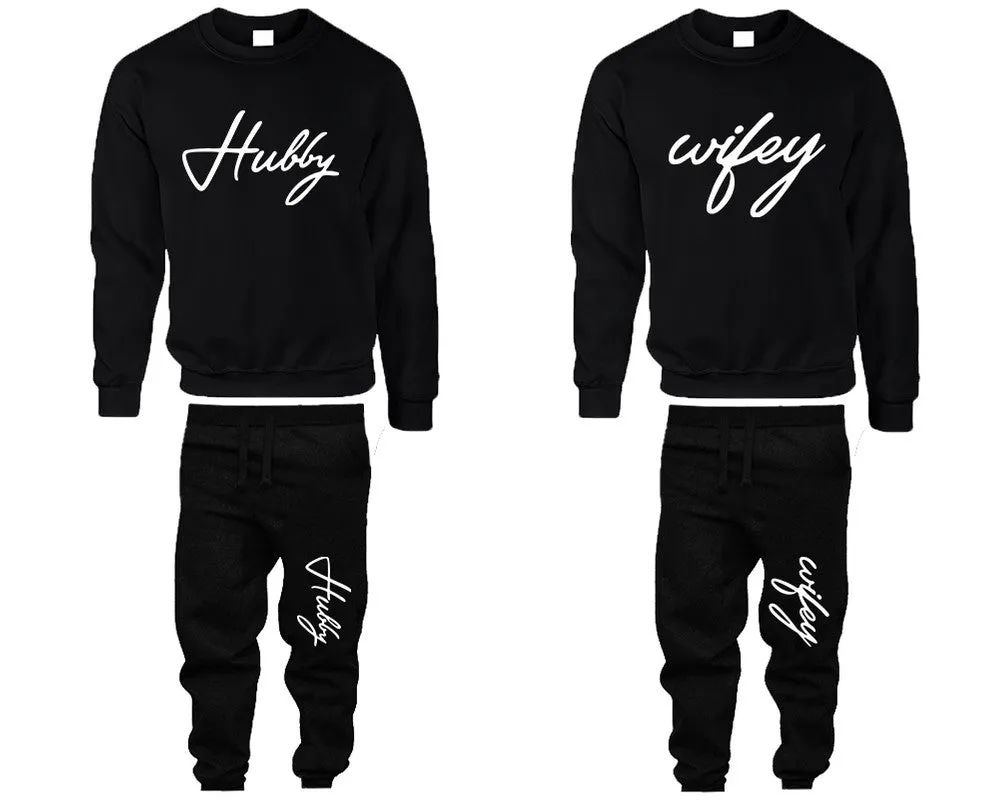 Hubby & Wifey Couple Matching Crewneck Sweaters and Jogger Pants – Stylish Unisex Top & Bottom Set | Mix & Match 4 Items Sold Separately