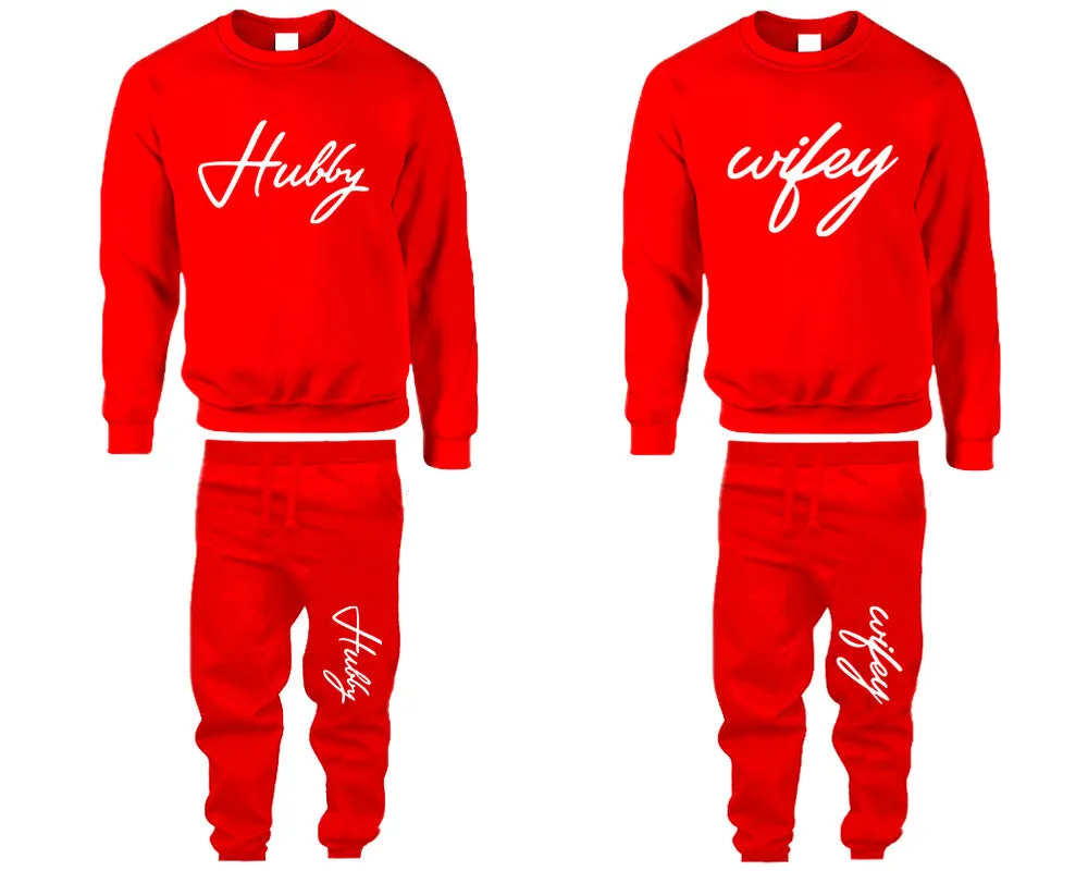 Hubby & Wifey Couple Matching Crewneck Sweaters and Jogger Pants – Stylish Unisex Top & Bottom Set | Mix & Match 4 Items Sold Separately