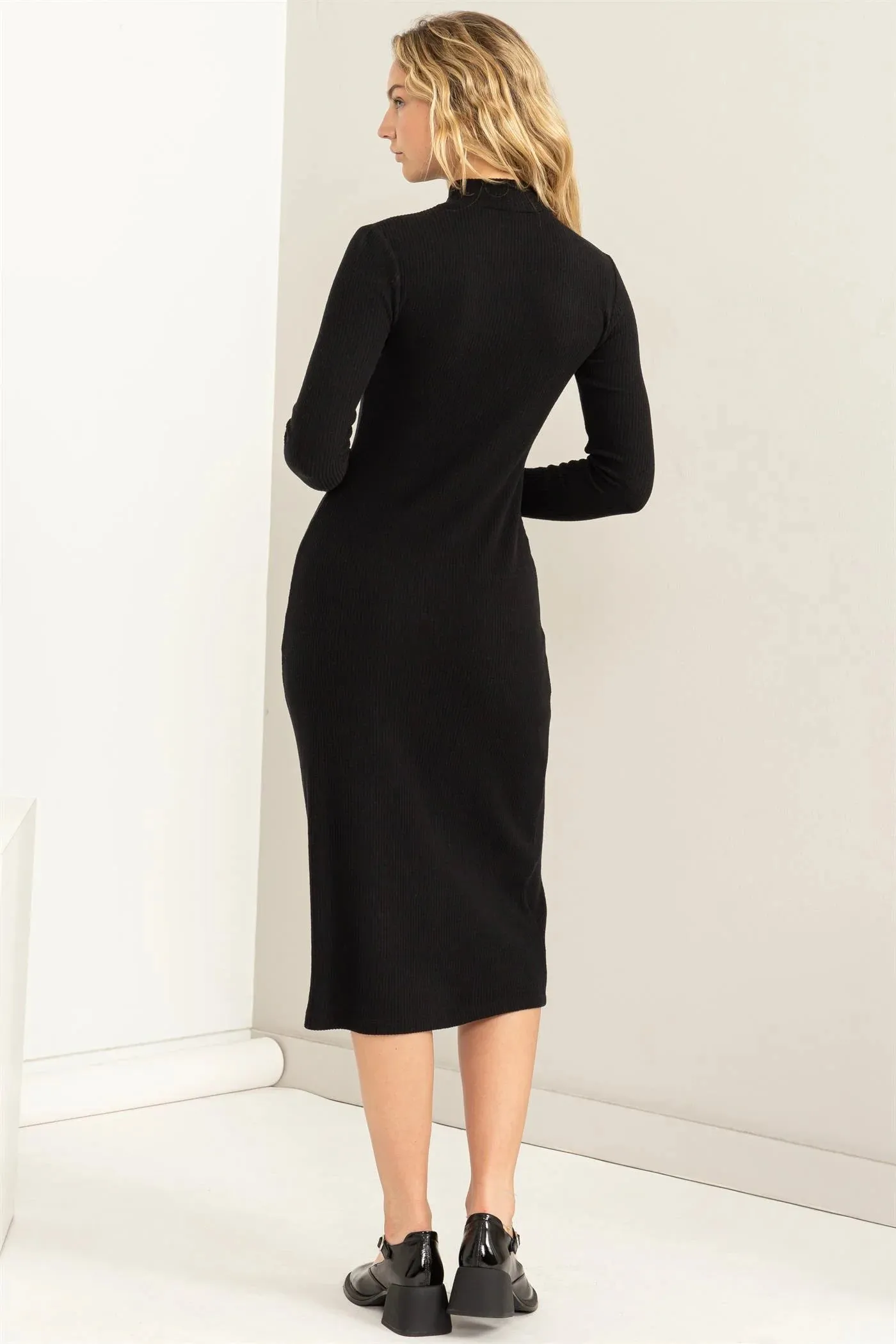 Hyfve Double Zero Chic Darling Ribbed High Neck Midi Dress In Black