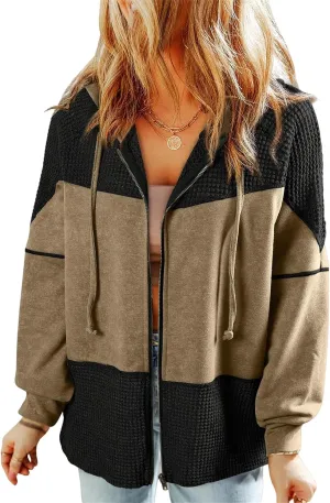 Jacket Women Waffle Knit Hoodies Zip Up Oversized Hoodie Shackets Drawstring Fall Casual Trendy Clothing Jackets