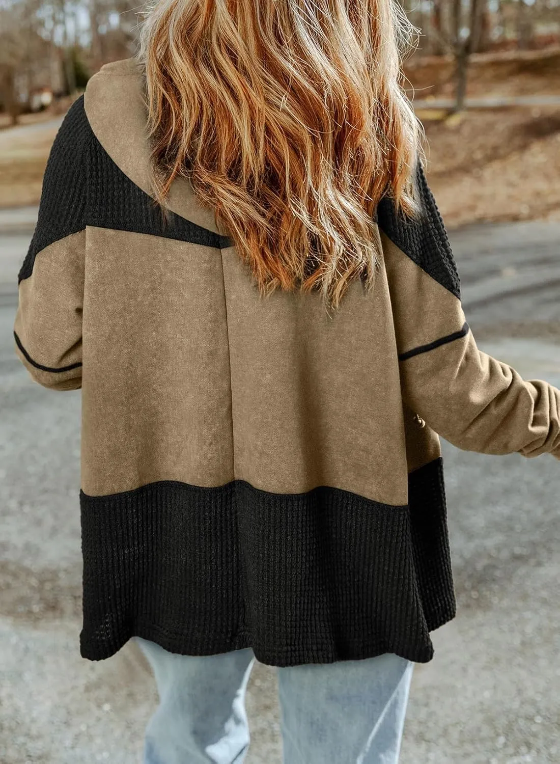 Jacket Women Waffle Knit Hoodies Zip Up Oversized Hoodie Shackets Drawstring Fall Casual Trendy Clothing Jackets