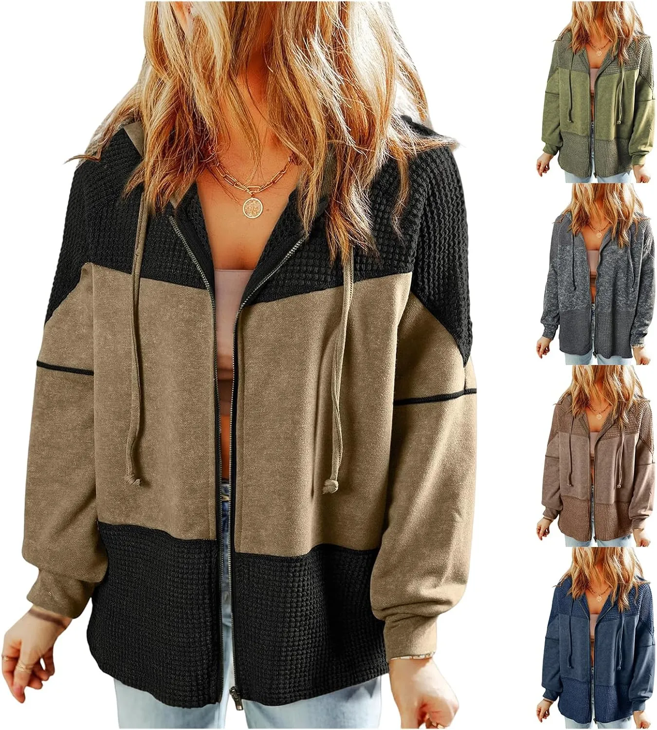 Jacket Women Waffle Knit Hoodies Zip Up Oversized Hoodie Shackets Drawstring Fall Casual Trendy Clothing Jackets