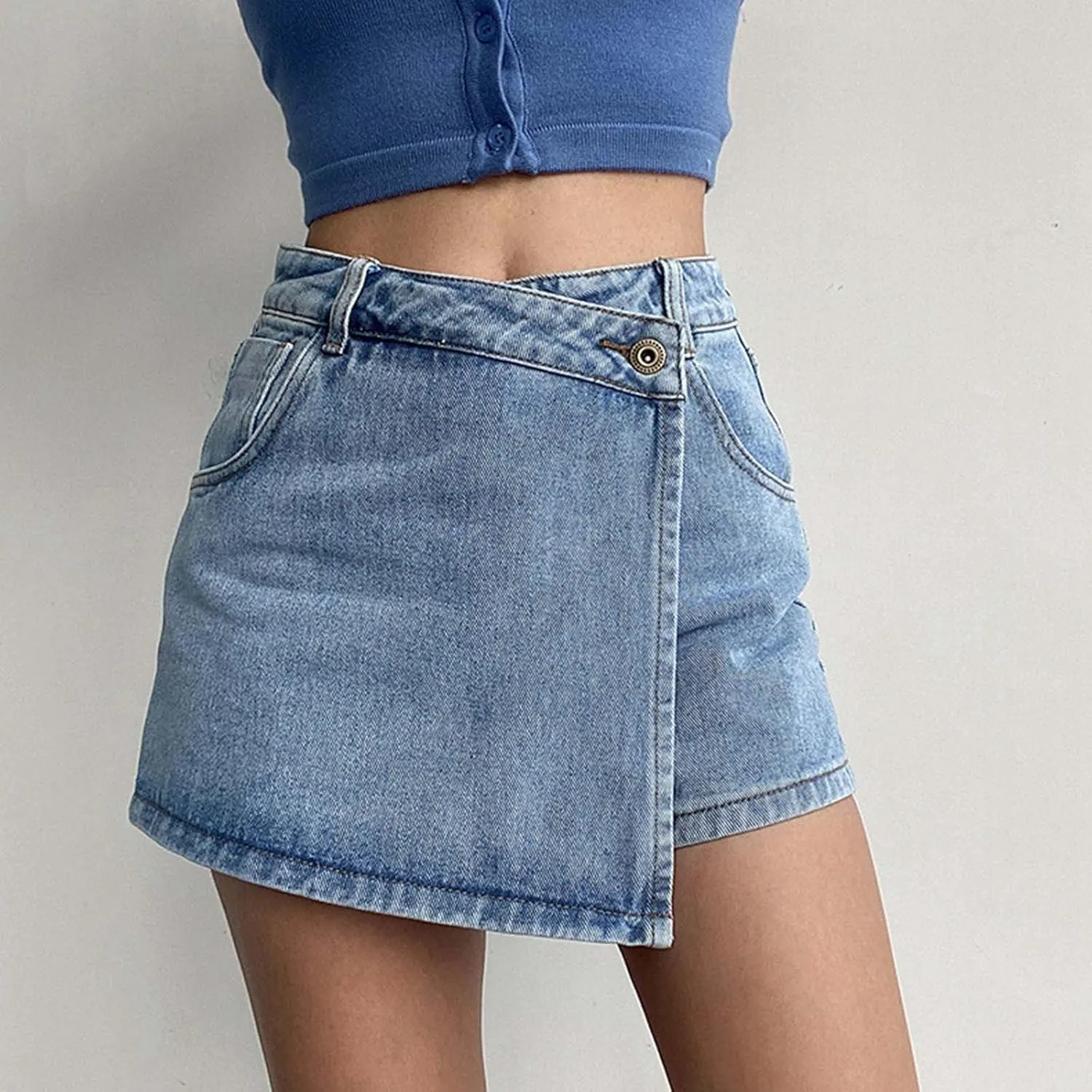 JiXiang Denim Shorts Women High Waisted A Line Design Chic Slimming Skort for Fashionistas Crossover Casual Summer Hot Shorts