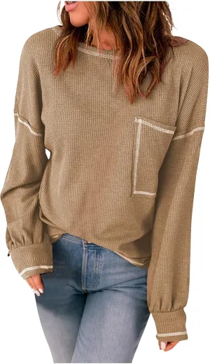 jovati 2024 Fall Fashion Versatile Clothes Womens Casual Crewneck Long Sleeve Shirt Loose Comfy Work Blouse With Pockets