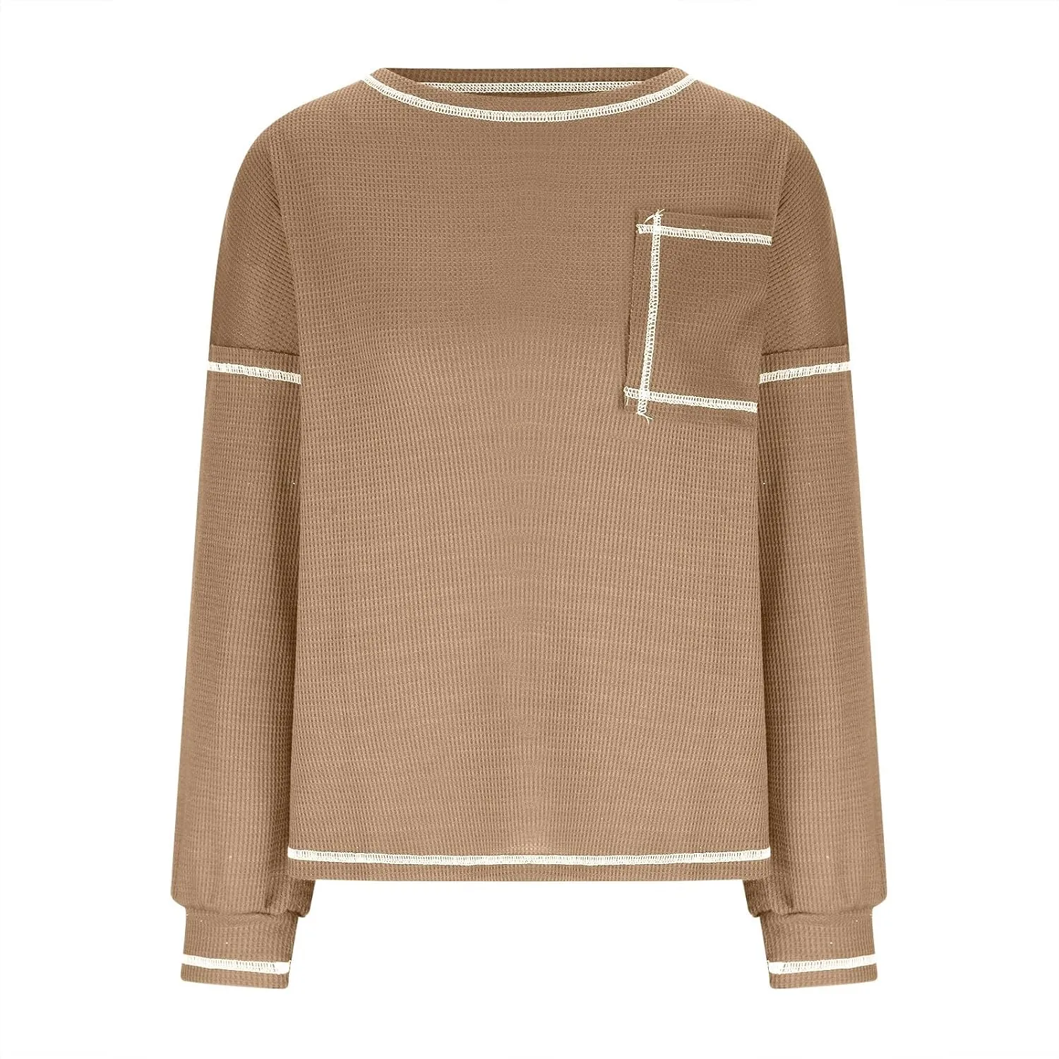 jovati 2024 Fall Fashion Versatile Clothes Womens Casual Crewneck Long Sleeve Shirt Loose Comfy Work Blouse With Pockets