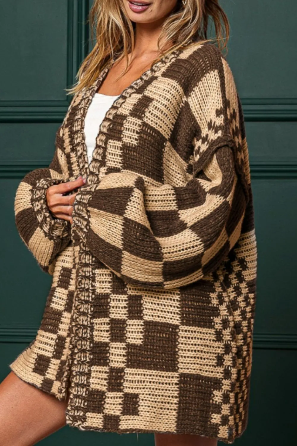kesley Red Checkered Open Front Long Sleeve Sweater Women's Fashion Open Cardigan