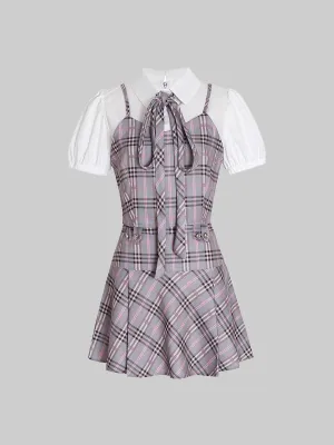 Kpop Bubble Sleeve Plaid Top & Skirt Set