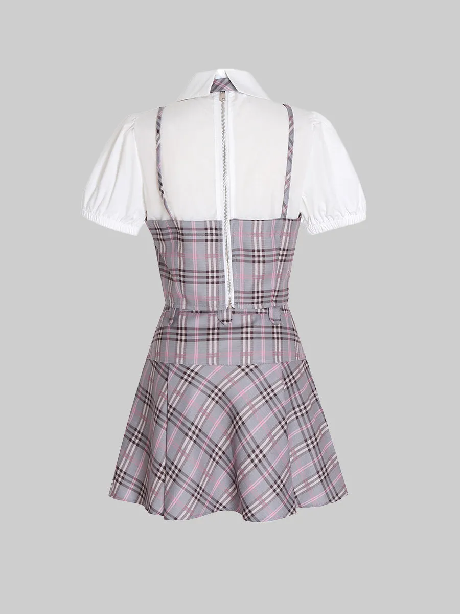 Kpop Bubble Sleeve Plaid Top & Skirt Set