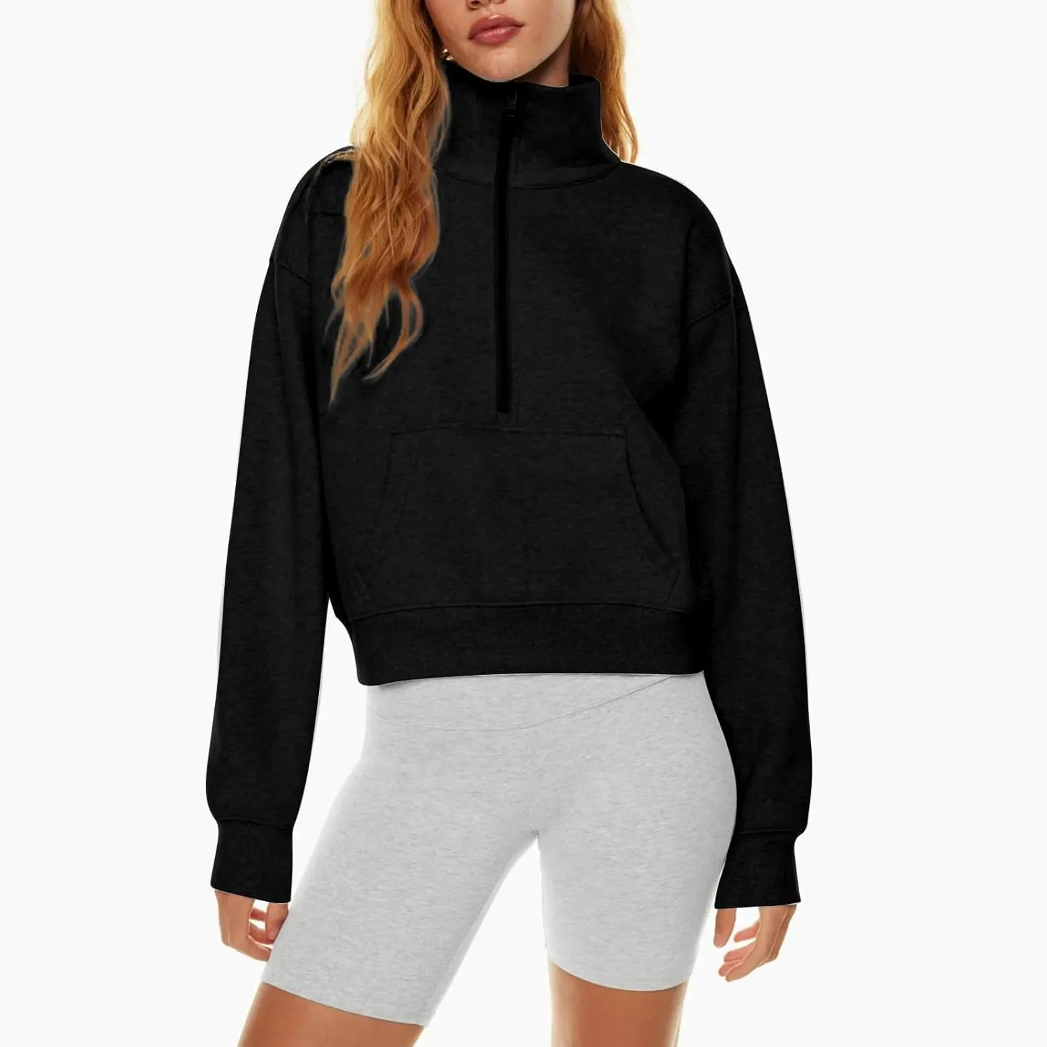 Ladies Stand Collar Hoodie Trendy Plus Fleece Sweatshirt 2024 Solid Color Loose Long Sleeve Comfy Slim Half Zip Pullover