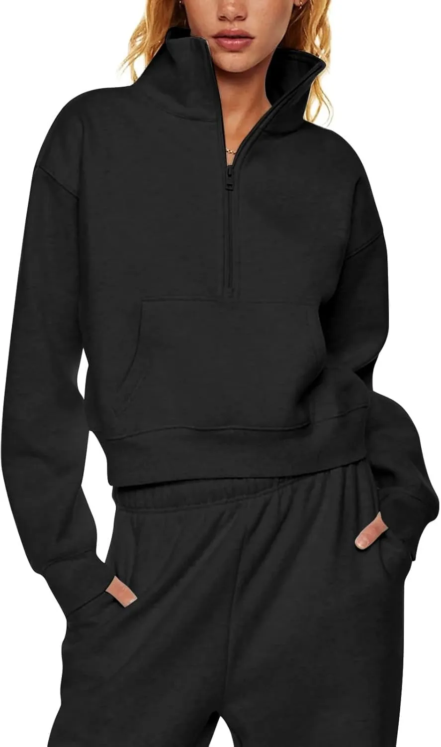 Ladies Stand Collar Hoodie Trendy Plus Fleece Sweatshirt 2024 Solid Color Loose Long Sleeve Comfy Slim Half Zip Pullover