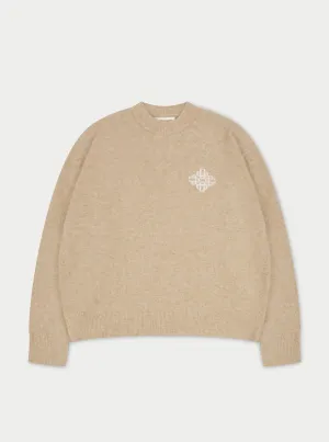 LIGHTWEIGHT FLUFFY KNIT EMBLEM CREW - BEIGE