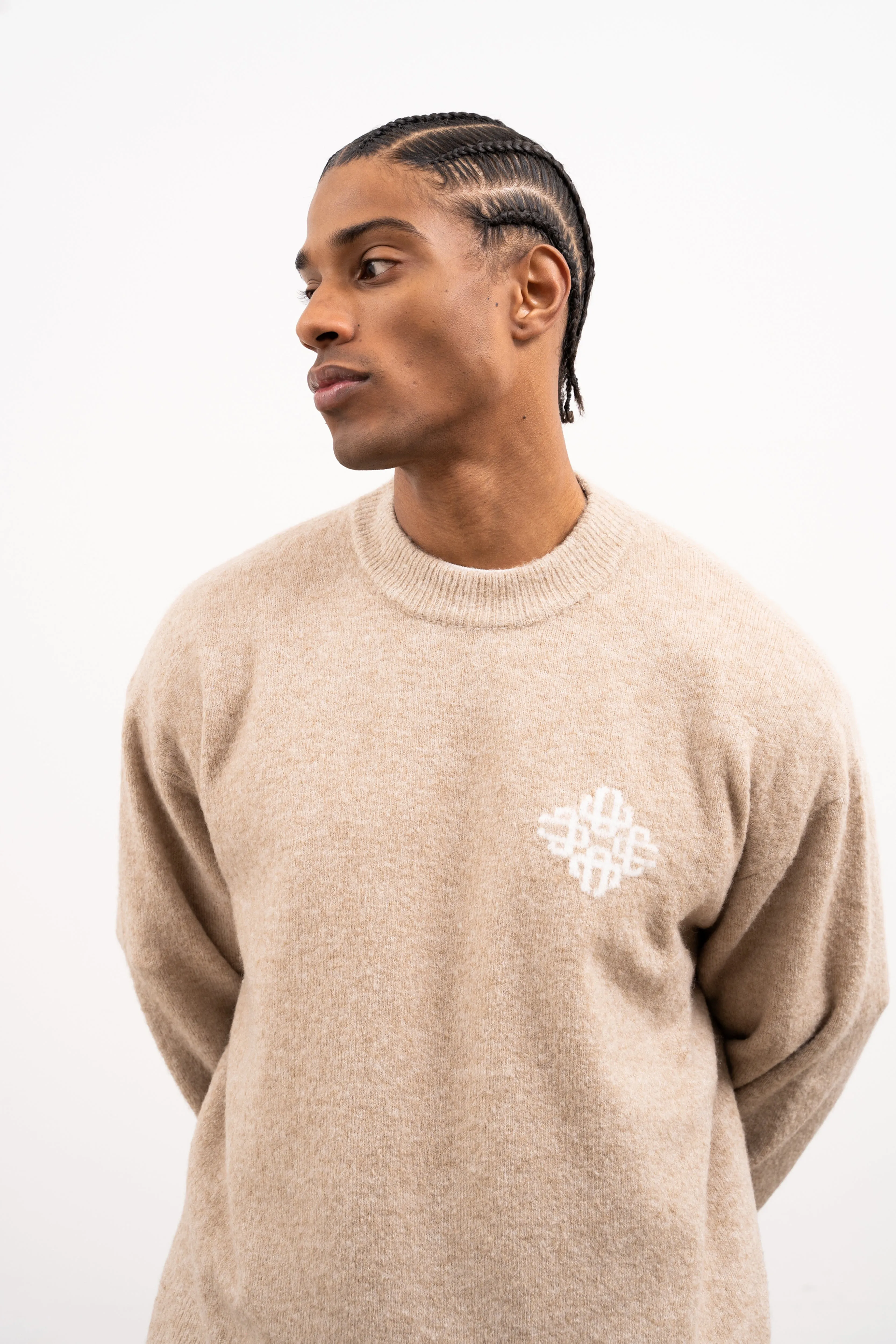 LIGHTWEIGHT FLUFFY KNIT EMBLEM CREW - BEIGE