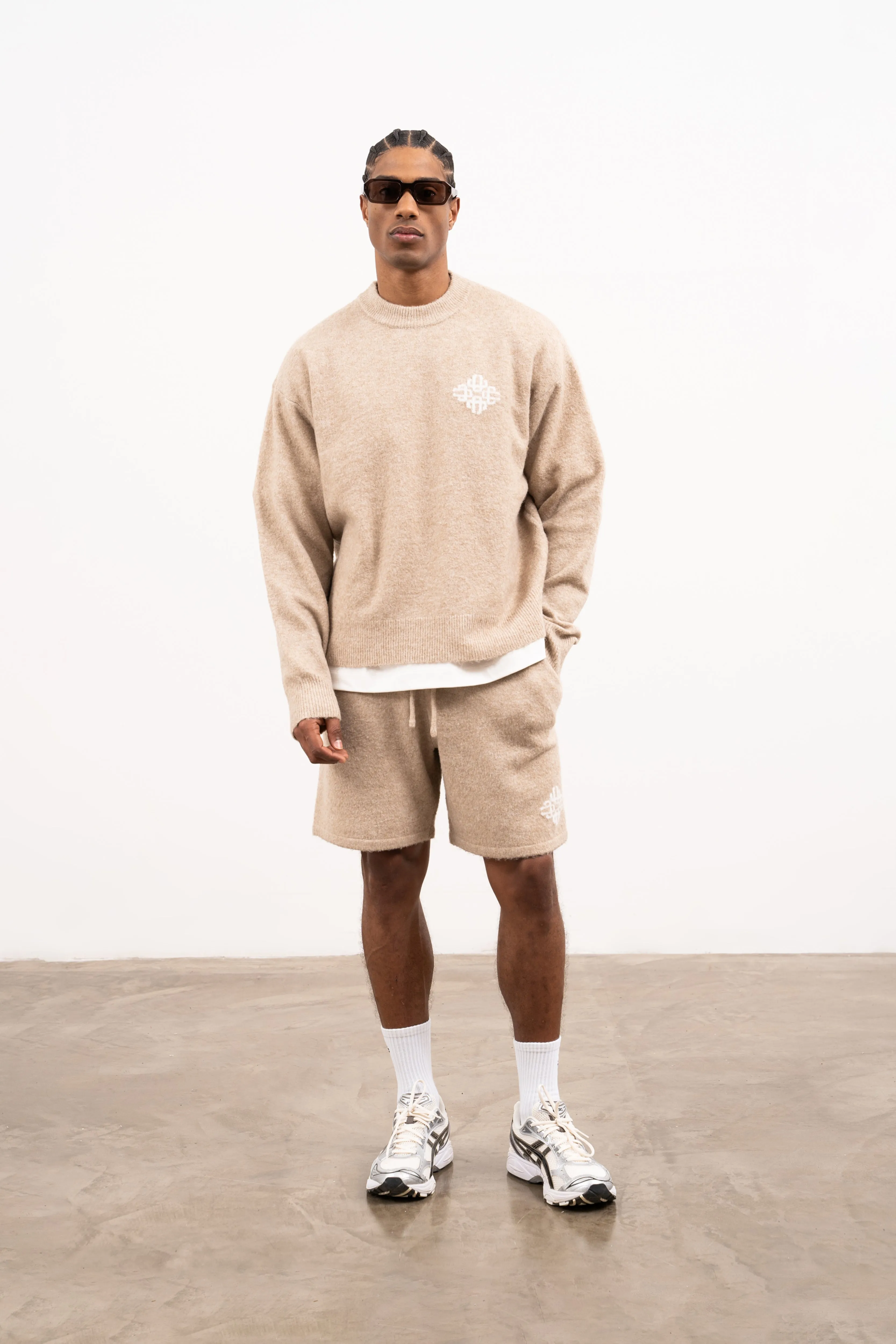 LIGHTWEIGHT FLUFFY KNIT EMBLEM CREW - BEIGE