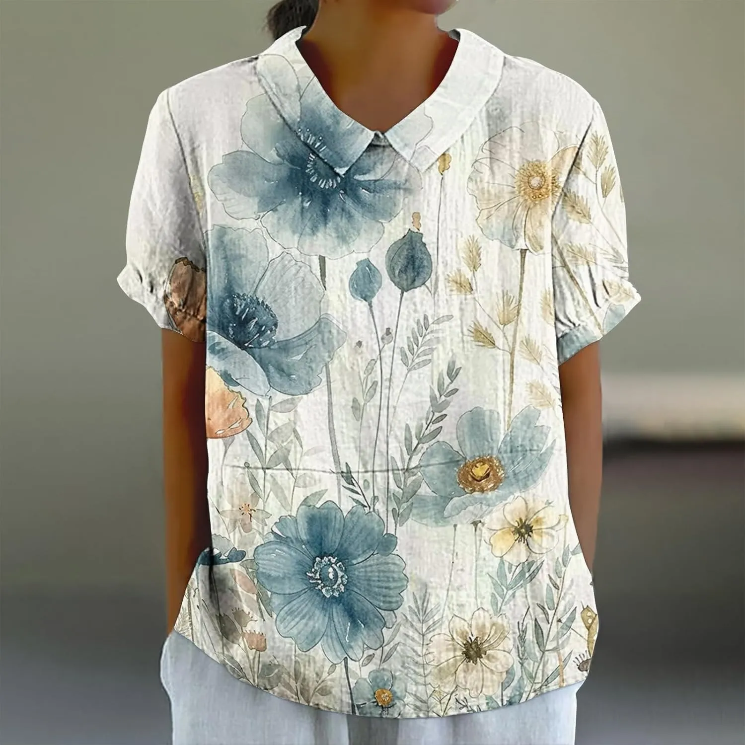 Linen Blouses Button Shirts Top Fresh Gradient Short Sleeved Pullover Top Bathing Suit Cover Up Spring Tops for