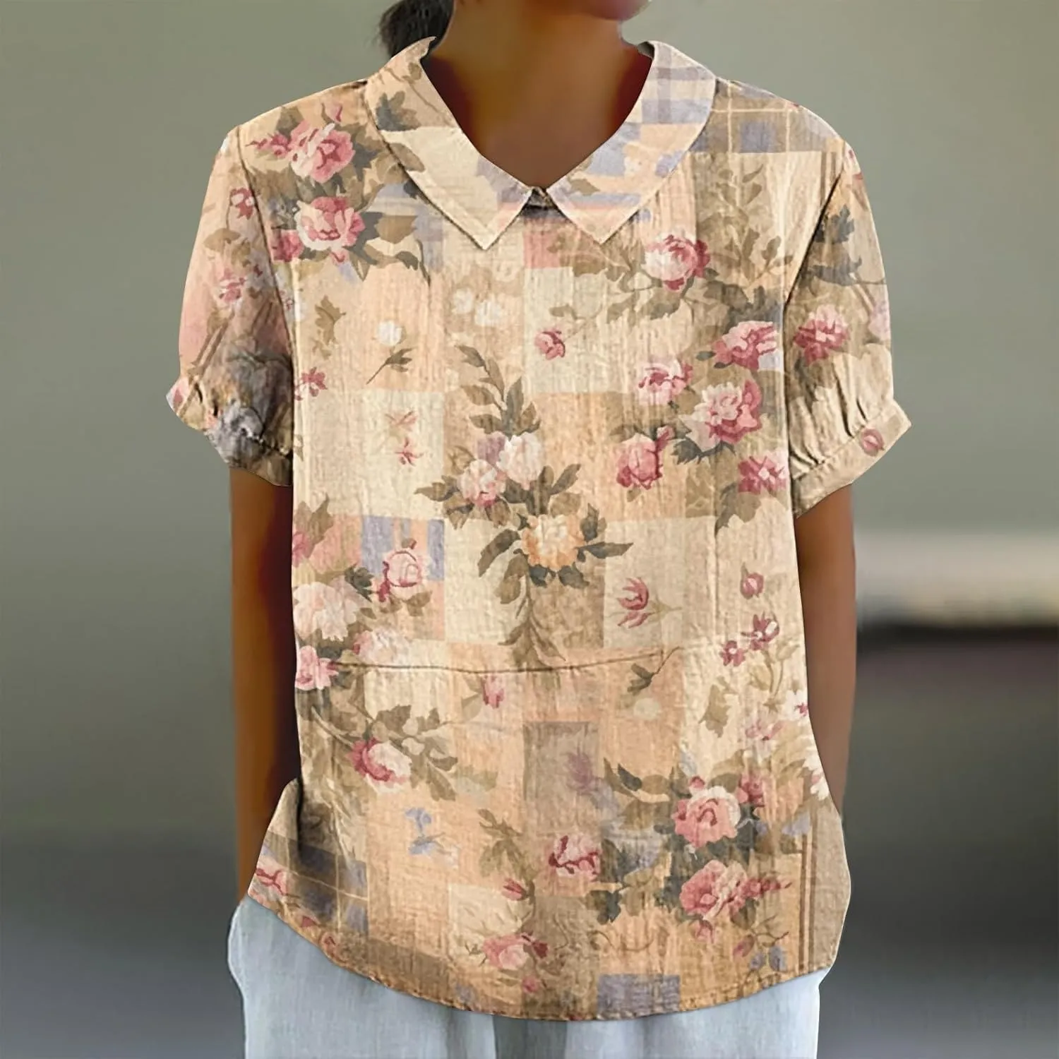 Linen Blouses Button Shirts Top Fresh Gradient Short Sleeved Pullover Top Bathing Suit Cover Up Spring Tops for
