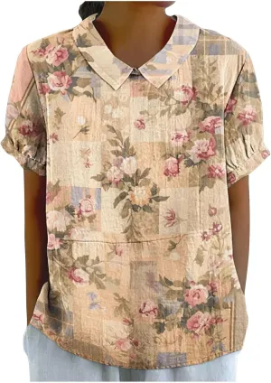 Linen Blouses Button Shirts Top Fresh Gradient Short Sleeved Pullover Top Bathing Suit Cover Up Spring Tops for