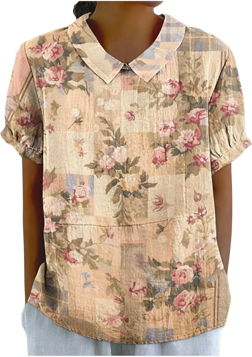 Linen Blouses Button Shirts Top Fresh Gradient Short Sleeved Pullover Top Bathing Suit Cover Up Spring Tops for