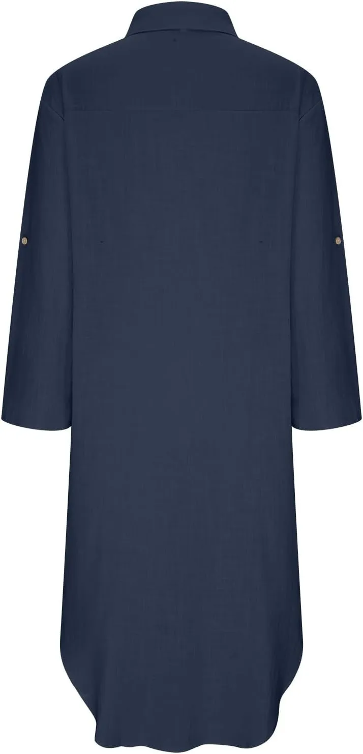 Linen Shirt Dress for Women Button Down Casual Collared Long Sleeve Dress Flowy Summer Vacation Dress with Pockets