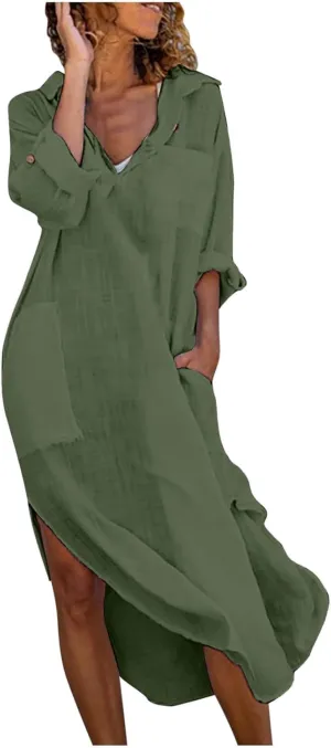 Linen Shirt Dress for Women Button Down Casual Collared Long Sleeve Dress Flowy Summer Vacation Dress with Pockets