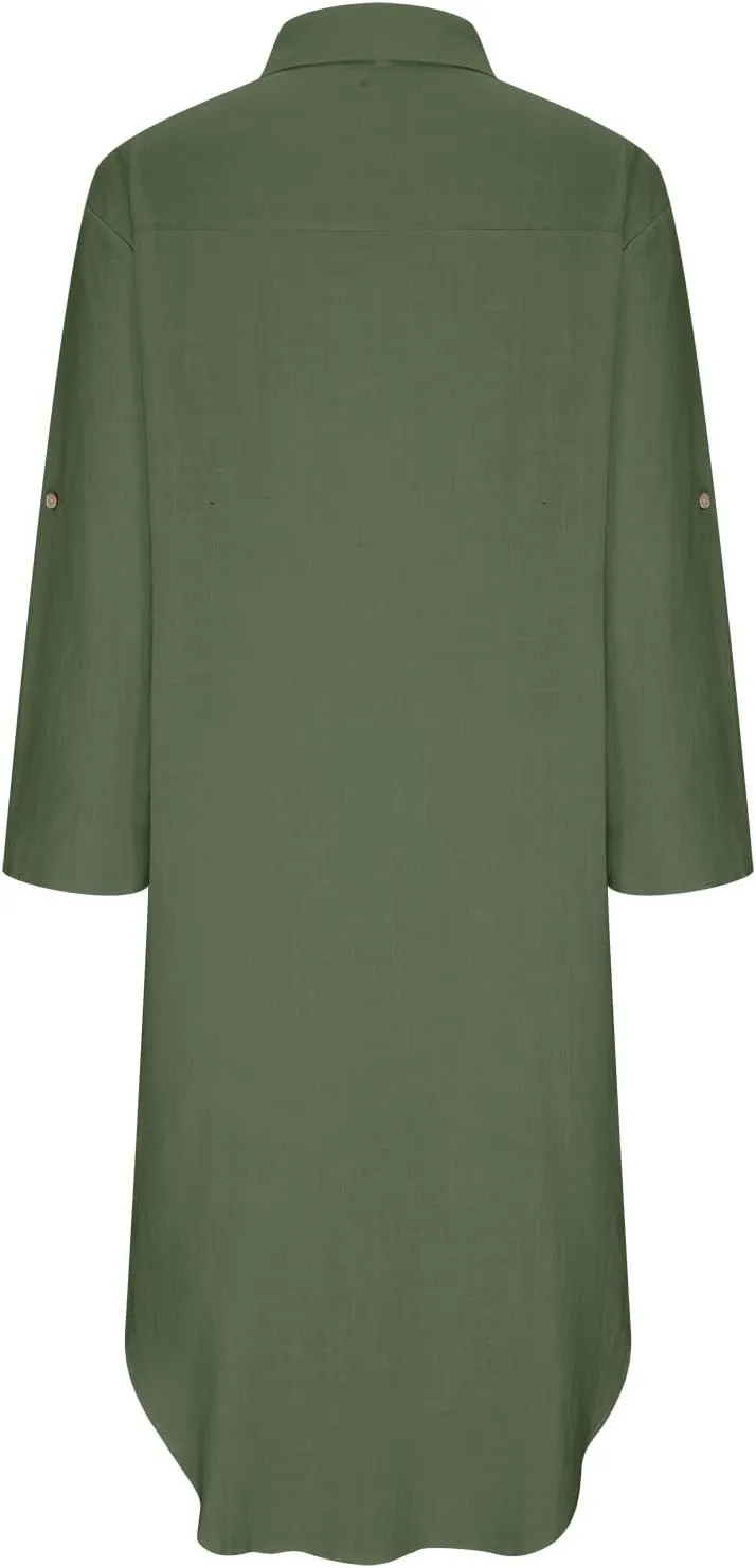 Linen Shirt Dress for Women Button Down Casual Collared Long Sleeve Dress Flowy Summer Vacation Dress with Pockets