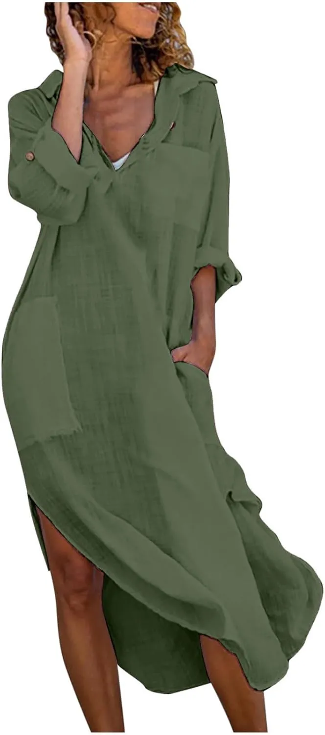 Linen Shirt Dress for Women Button Down Casual Collared Long Sleeve Dress Flowy Summer Vacation Dress with Pockets