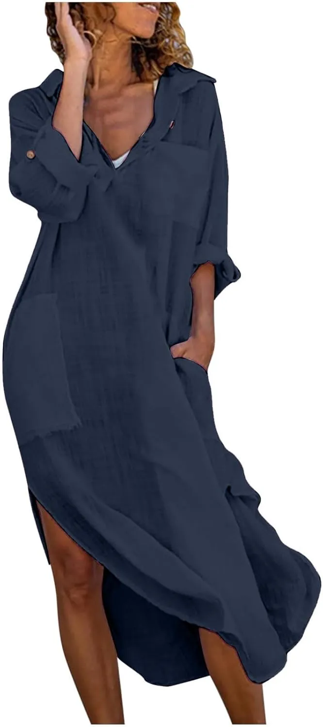 Linen Shirt Dress for Women Button Down Casual Collared Long Sleeve Dress Flowy Summer Vacation Dress with Pockets