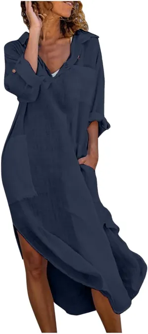 Linen Shirt Dress for Women Button Down Casual Collared Long Sleeve Dress Flowy Summer Vacation Dress with Pockets