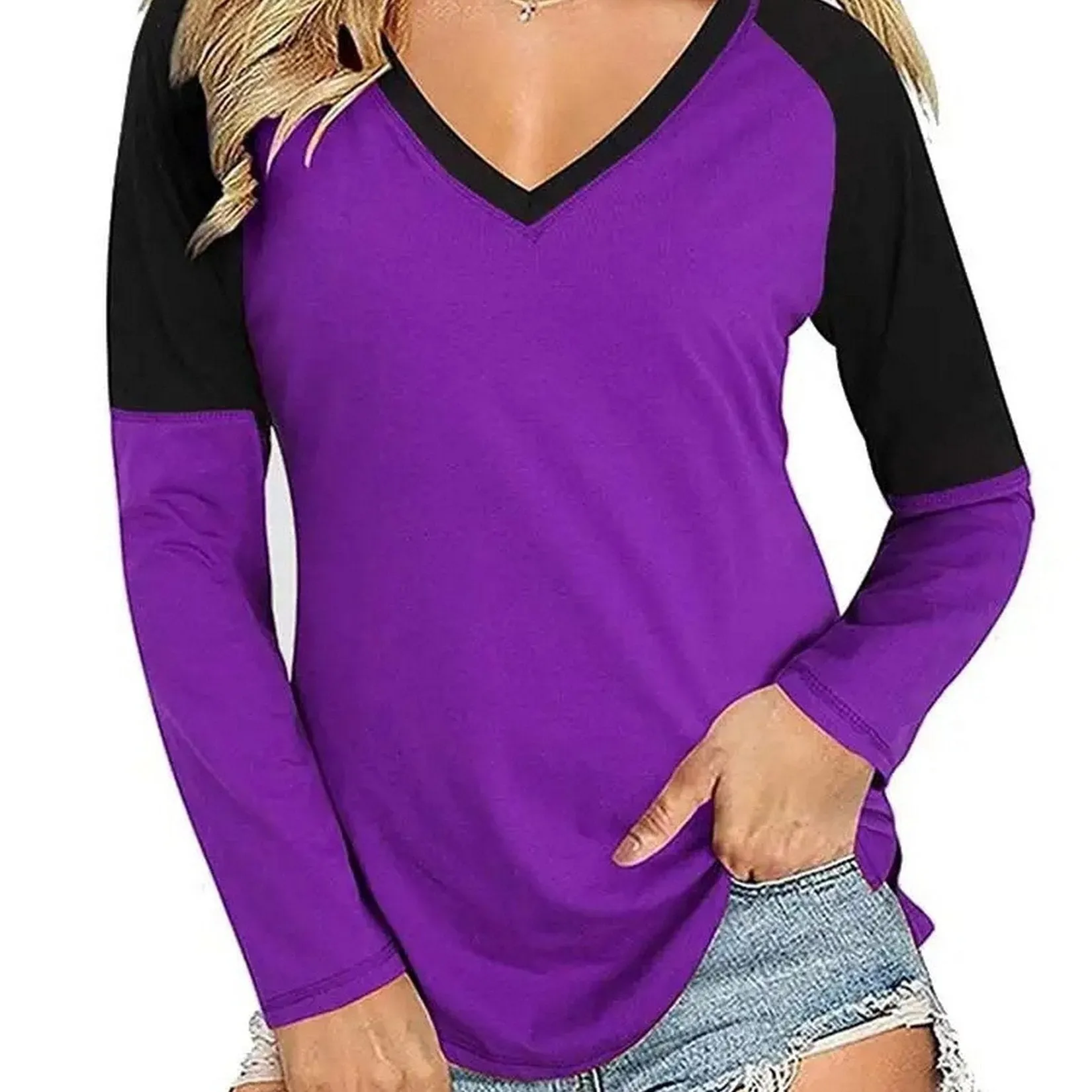 Long Sleeve V Neck Tunic Stylish Relaxed Fit Work T-Shirt