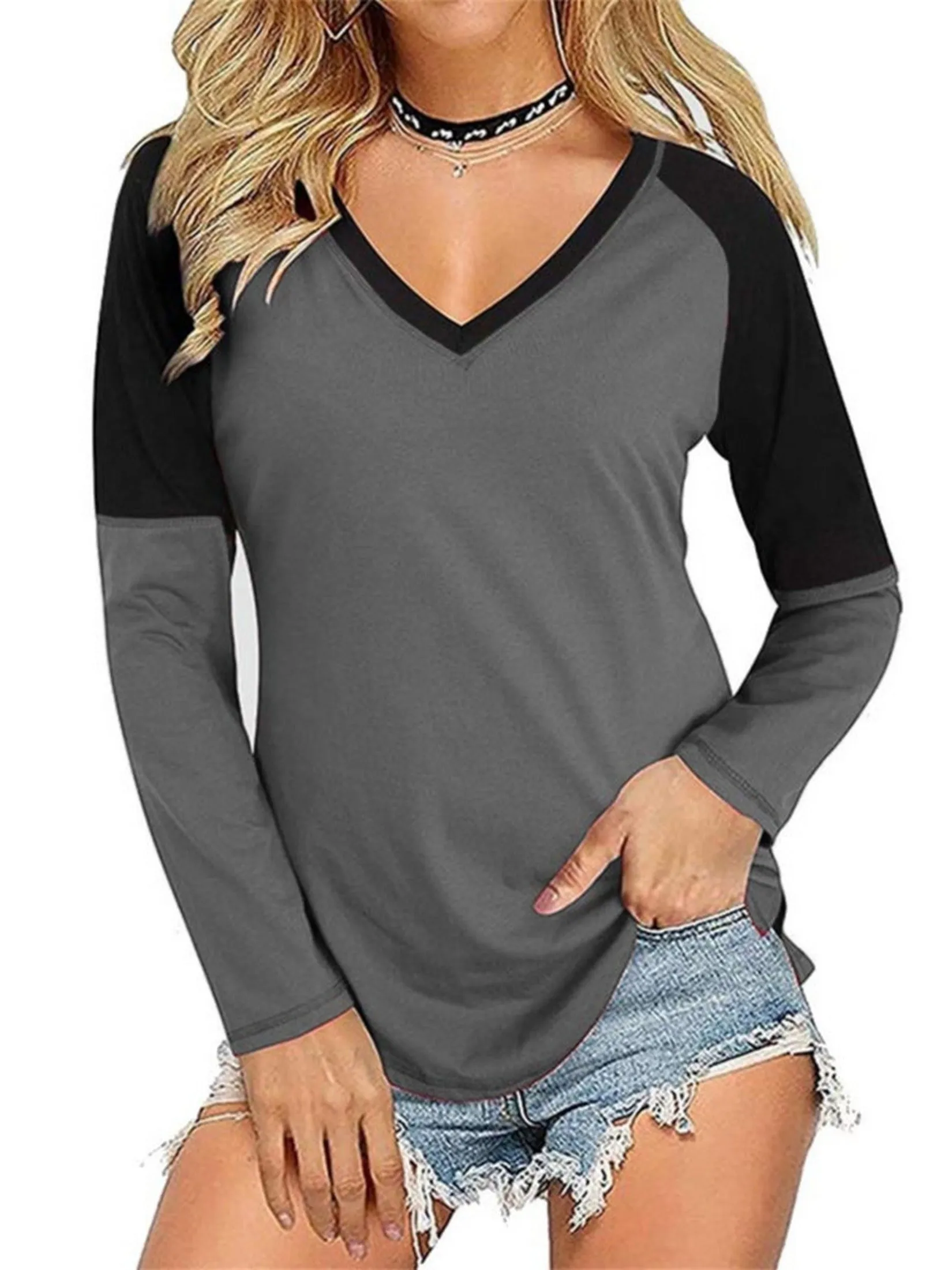 Long Sleeve V Neck Tunic Stylish Relaxed Fit Work T-Shirt