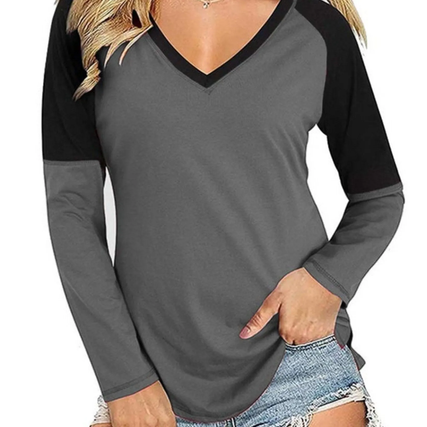 Long Sleeve V Neck Tunic Stylish Relaxed Fit Work T-Shirt
