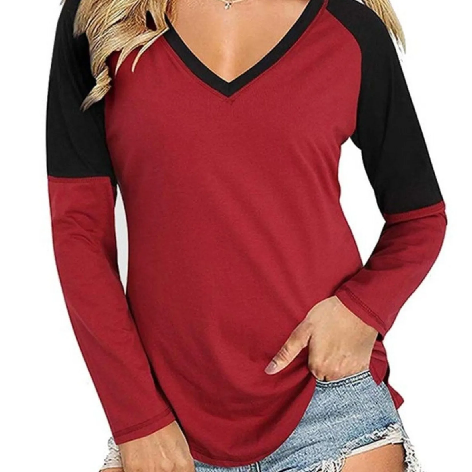 Long Sleeve V Neck Tunic Stylish Relaxed Fit Work T-Shirt