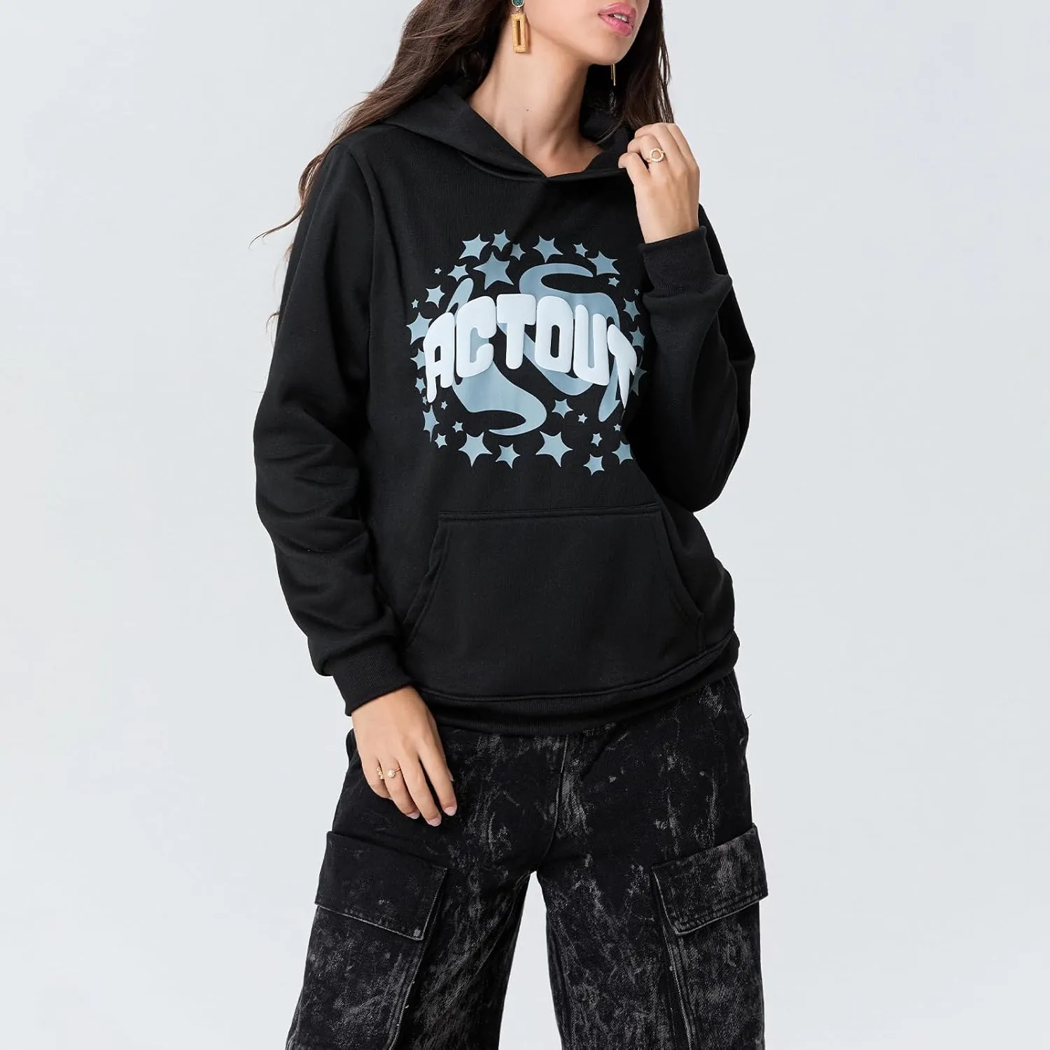 Meiweileya Womens Y2k Star Graphic Print Hoodies Oversized Aesthetic Long Sleeve Pullover Tops
