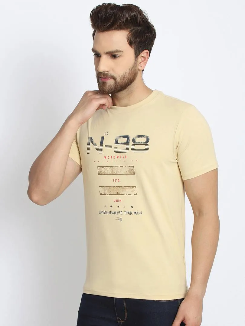 Men's Beige Printed Cotton Round Neck Tees