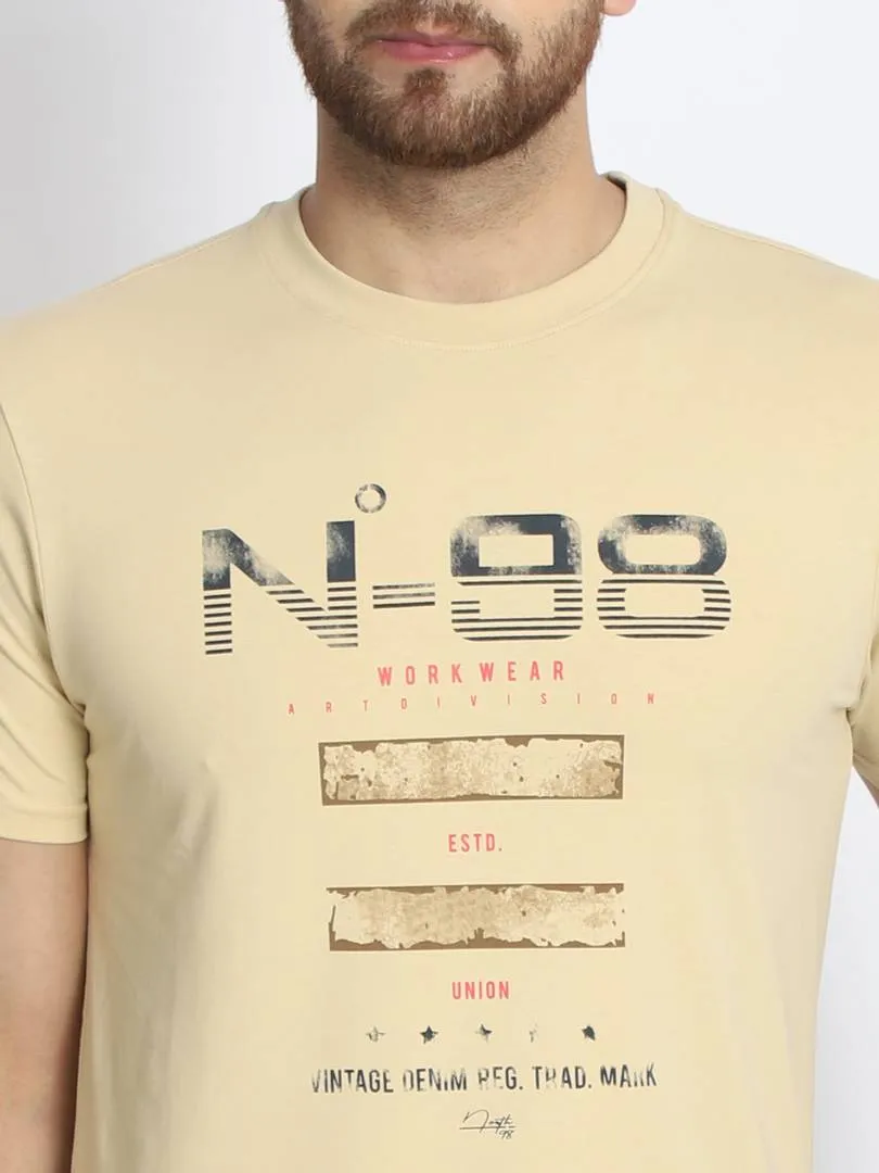 Men's Beige Printed Cotton Round Neck Tees