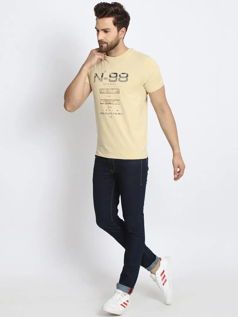 Men's Beige Printed Cotton Round Neck Tees