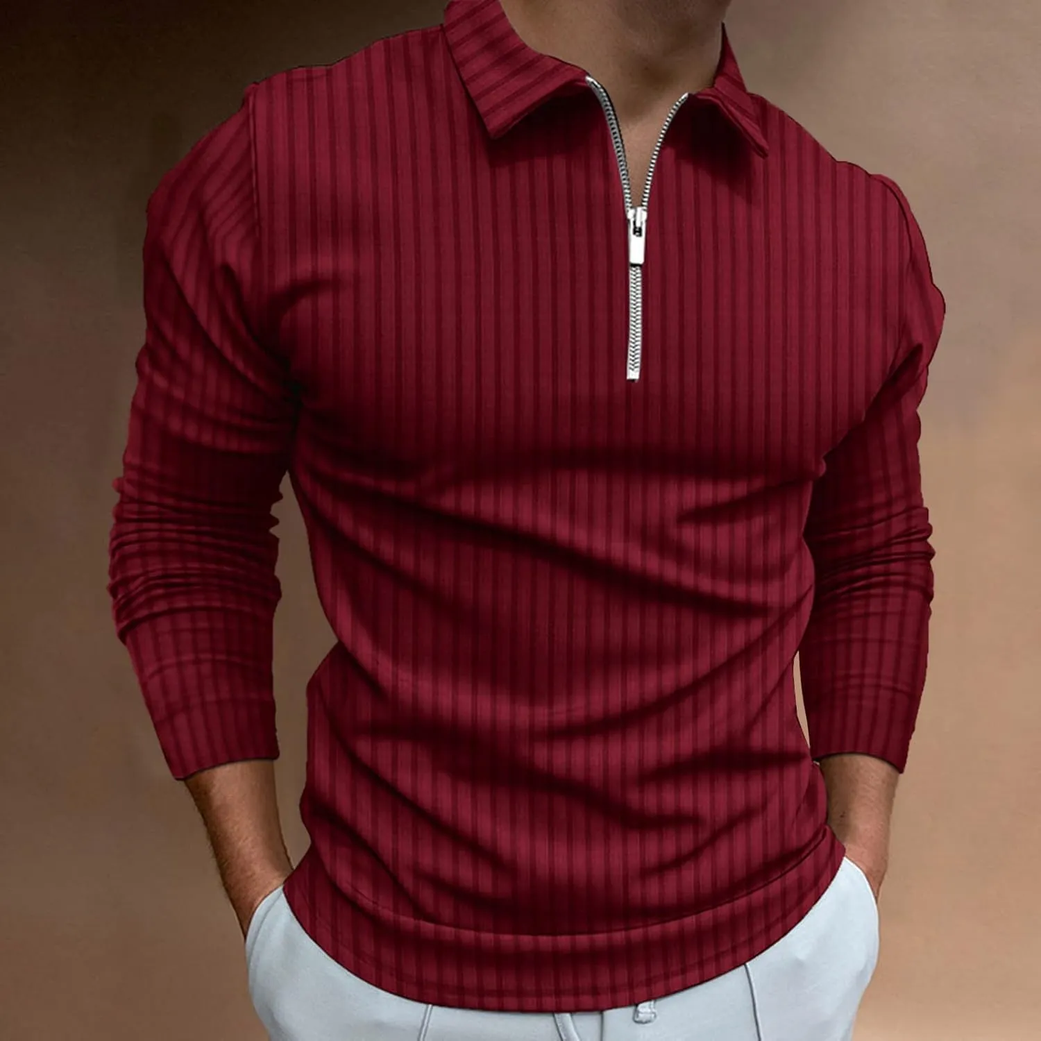 Men's Muscle T Shirt Stretch Long Sleeve Workout Shirts Slim Fit Casual Plain Tees Stylish Quarter Zip Polo Shirt