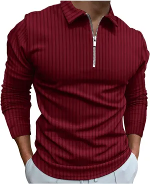 Men's Muscle T Shirt Stretch Long Sleeve Workout Shirts Slim Fit Casual Plain Tees Stylish Quarter Zip Polo Shirt