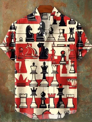 Men's Vintage Abstract Chess Pattern Stand Collar Short Sleeve Pocket Shirt