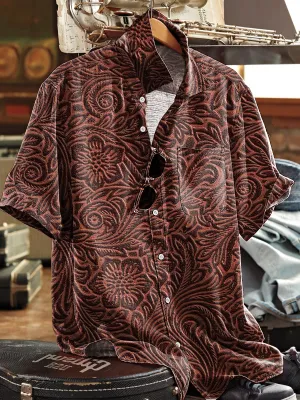 Men's Vintage Western Floral Art Print Short Sleeve Pocket Shirt