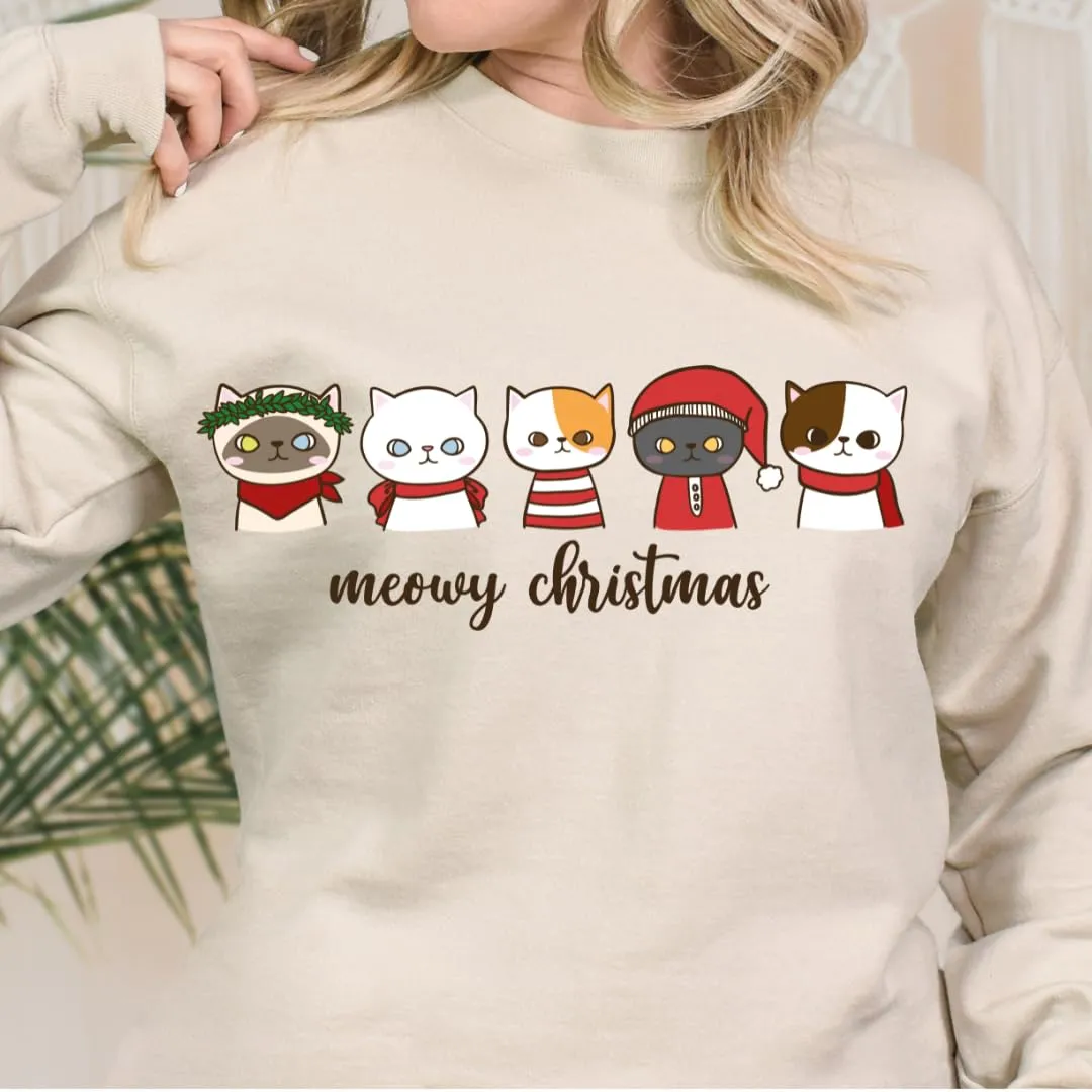 Meowy Christmas Sweatshirt, Christmas Sweaters For Women, Merry And Bright Xmas Sweater, Christmas