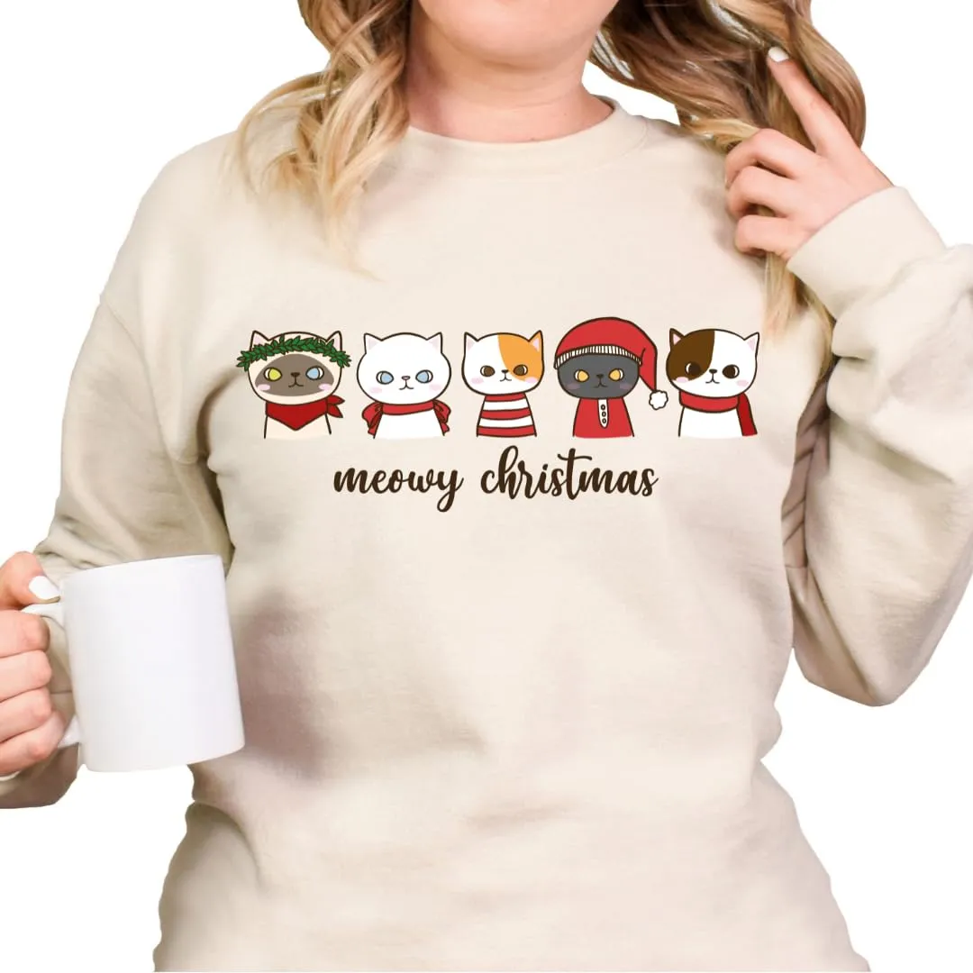 Meowy Christmas Sweatshirt, Christmas Sweaters For Women, Merry And Bright Xmas Sweater, Christmas
