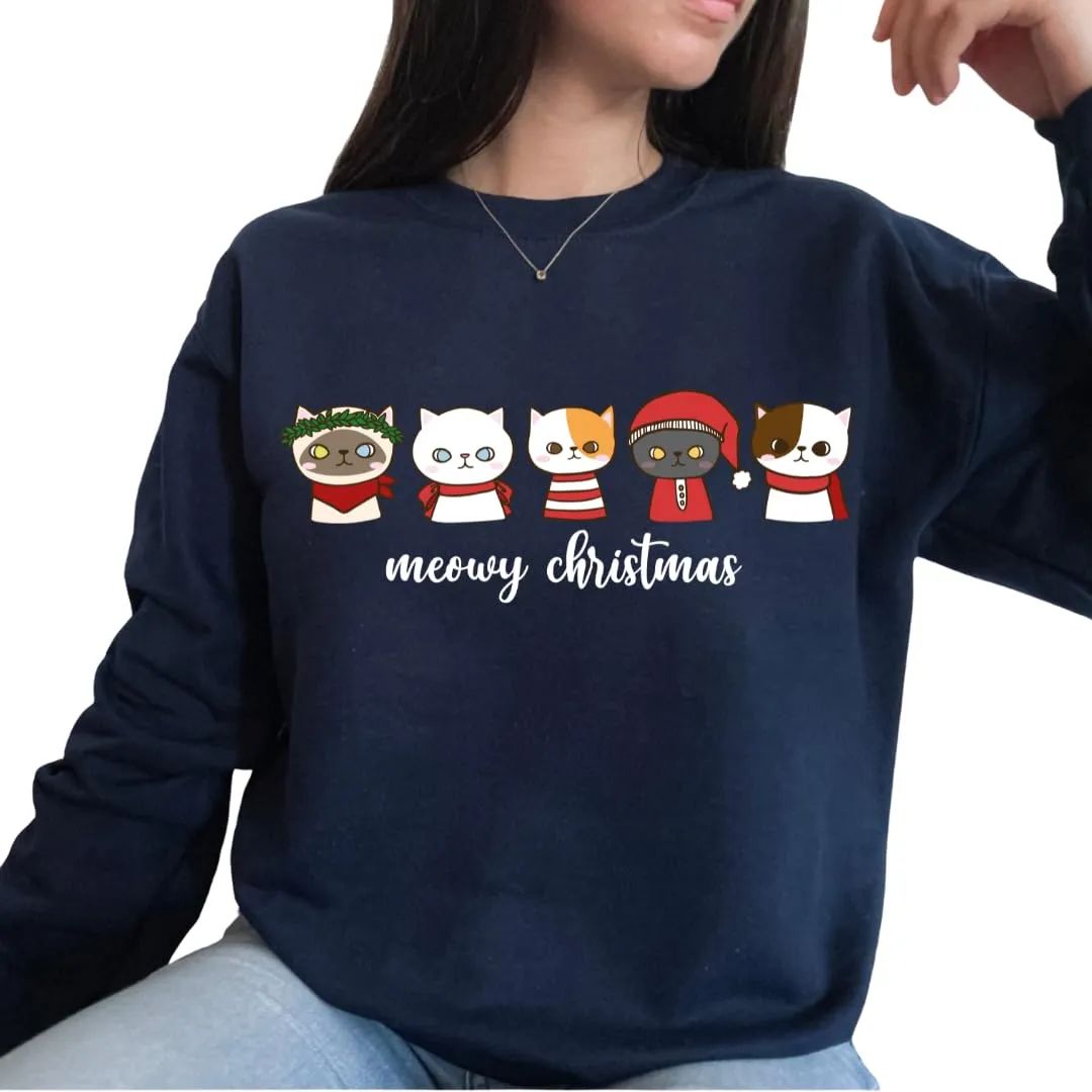 Meowy Christmas Sweatshirt, Christmas Sweaters For Women, Merry And Bright Xmas Sweater, Christmas