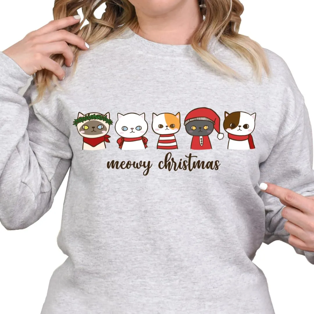 Meowy Christmas Sweatshirt, Christmas Sweaters For Women, Merry And Bright Xmas Sweater, Christmas