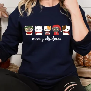 Meowy Christmas Sweatshirt, Christmas Sweaters For Women, Merry And Bright Xmas Sweater, Christmas