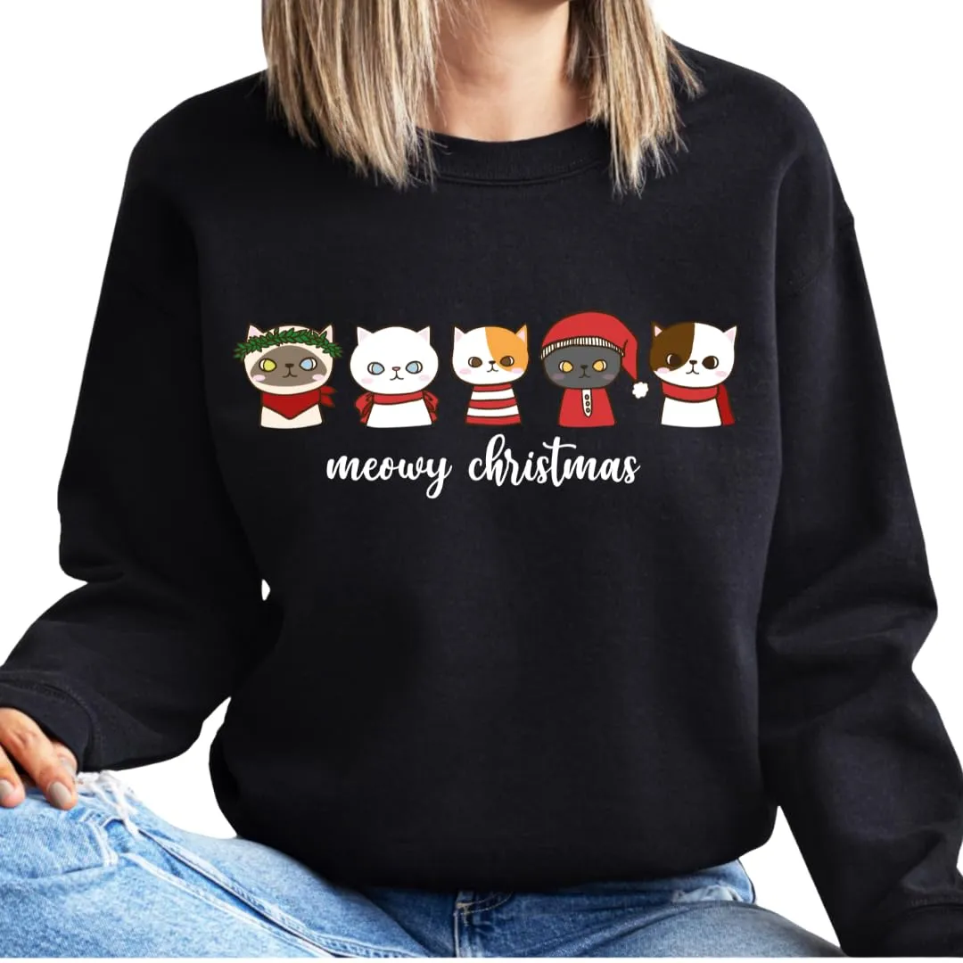 Meowy Christmas Sweatshirt, Christmas Sweaters For Women, Merry And Bright Xmas Sweater, Christmas