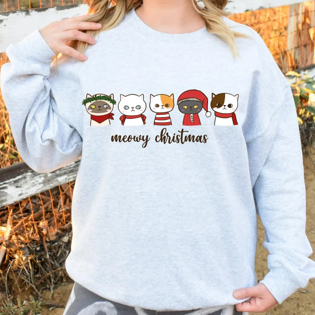 Meowy Christmas Sweatshirt, Christmas Sweaters For Women, Merry And Bright Xmas Sweater, Christmas