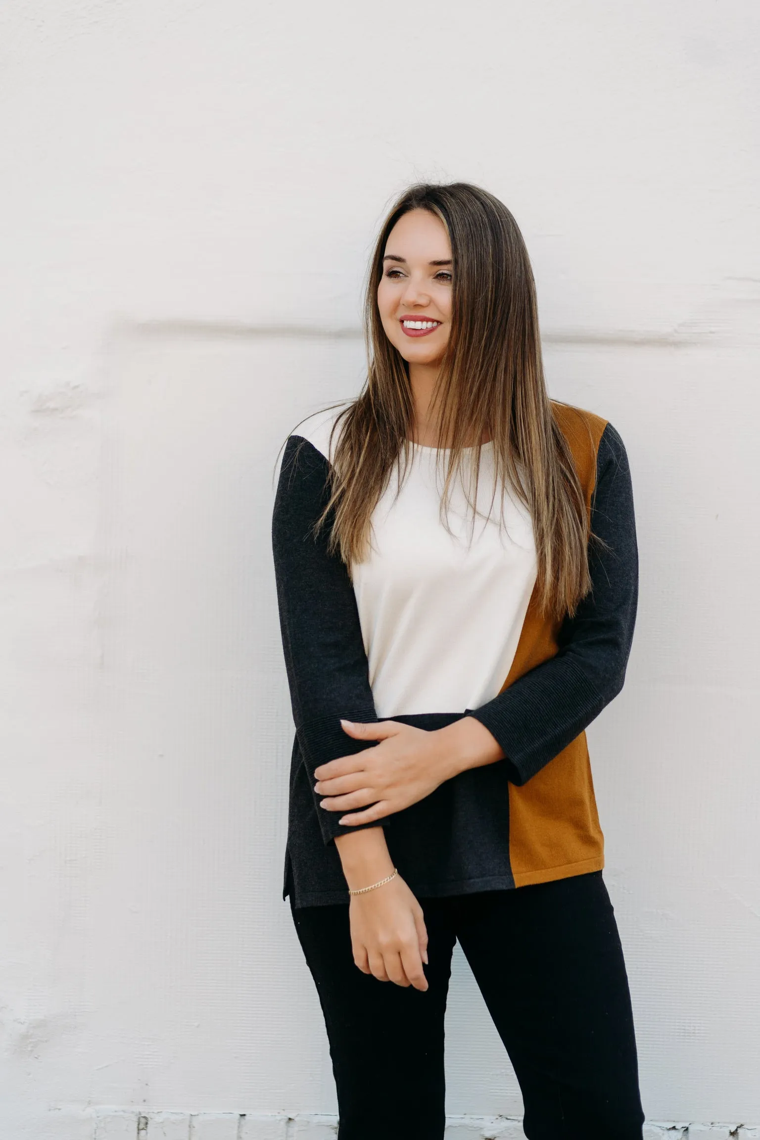 Multiples: 3/4 Sleeve Jewel Neck Color Block Solid Sweater Knit Top M44403KM - 969 Multi