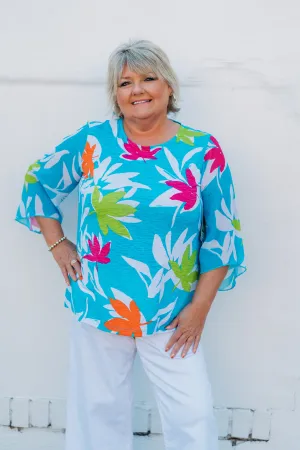 Multiples: (Fiesta) 3/4 Sleeve Scoop Print Pebble Top in Multi M25205TM