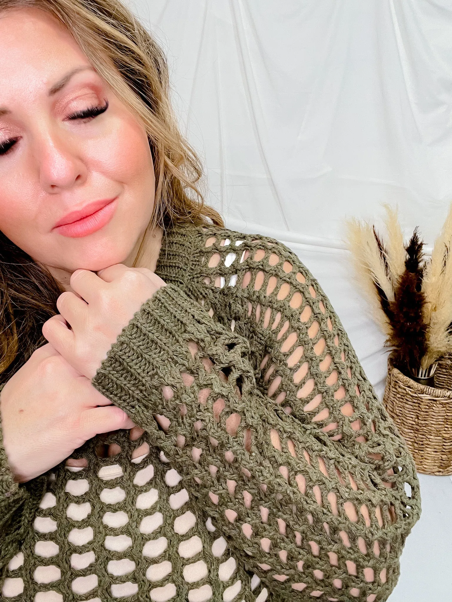 Olive Hollow Knit Long Sleeve Top