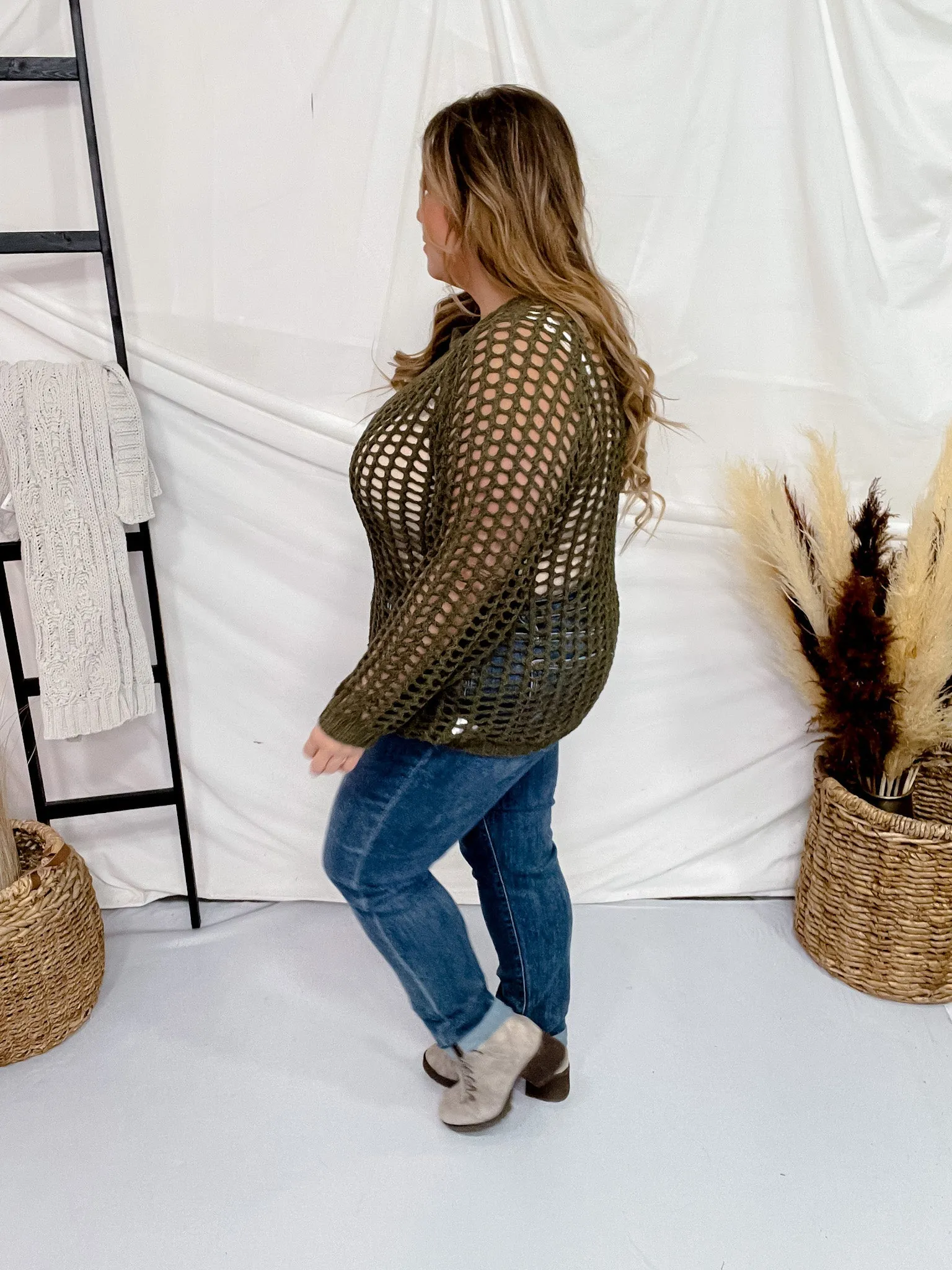 Olive Hollow Knit Long Sleeve Top